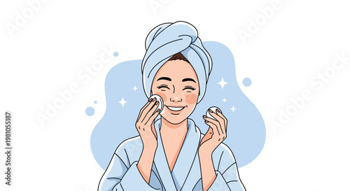 Smiling young woman with a towel on her head cleaning her face with cotton pads as part of her skincare routine.