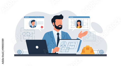 Architect discussing blueprints and plans with clients via video conference