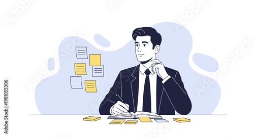 Business man planning and writing notes, thinking about strategy, office desk with sticky notes