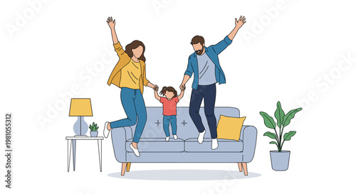 Joyful family consisting of mother father and young daughter jumping excitedly on a blue sofa in a clean modern living room setting.