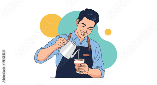 Skilled young male barista in an apron carefully pouring milk from a pitcher into a cup of coffee to create latte art in cafe.