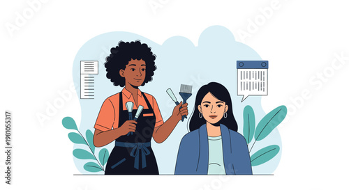 Professional hairdresser with curly hair applying color to a customer's hair using a brush in a modern beauty salon environment.