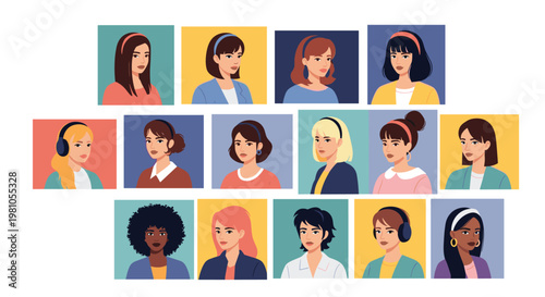 Large collection of diverse female avatars representing different ethnicities hairstyles and styles displayed in a colorful grid pattern.