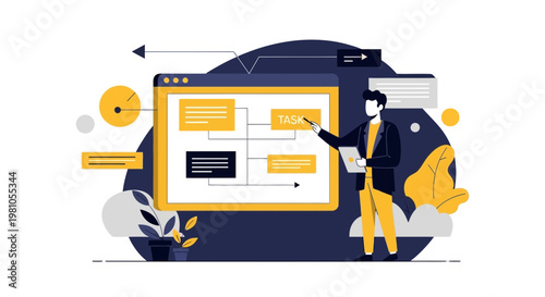 Business man pointing at flowchart on screen, planning tasks and strategy