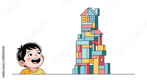 Young boy looking up in wonder at a very tall and colorful tower built from various wooden building blocks against a white background.