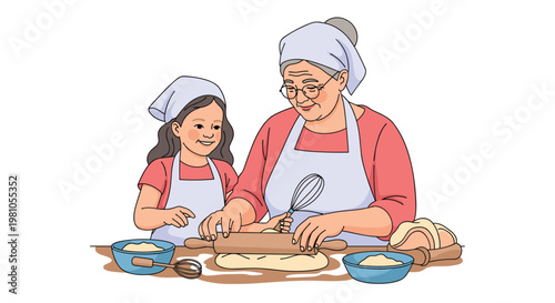 Smiling grandmother and her young granddaughter wearing aprons and headscarves while rolling dough and baking together in the kitchen.