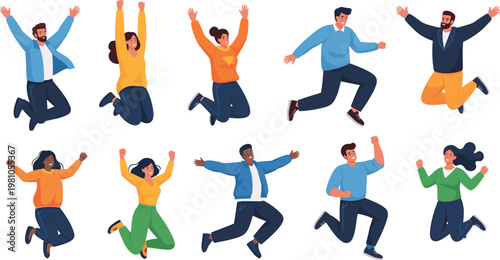 Diverse collection of happy people jumping in the air, flat vector illustration of energetic men and women celebrating success.