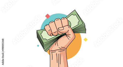 Strong human hand raised in a fist holding a large stack of green dollar bills representing financial power and economic success.