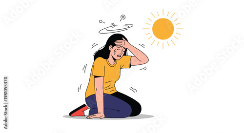 Woman kneeling on the ground holding her head with a dizzy expression while under a hot sun illustrating heatstroke or dehydration.