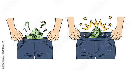 Comparison of two pairs of jeans pockets with the left one showing question marks and cash while the right one shows stars and cash.