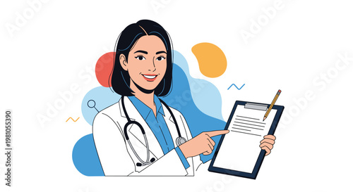Friendly female doctor wearing a white coat and stethoscope pointing to a form on a clipboard against colorful abstract background.