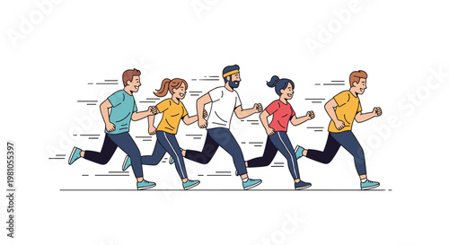 Diverse group of five men and women in sportswear running together in a marathon or during a collective outdoor training session.