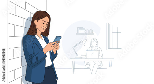 Successful business woman using her smartphone while standing in a modern office with another woman on a laptop.