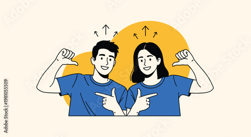 Proud young man and woman in blue t-shirts pointing to themselves with thumbs and having upward arrows above them.