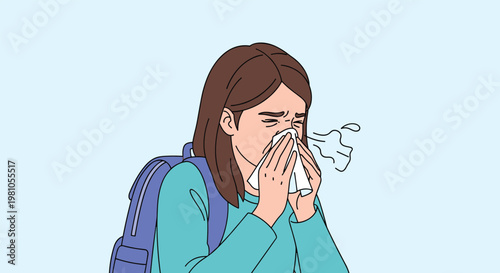 Young student wearing a backpack sneezing into a white tissue while suffering from a cold or seasonal allergy symptoms.
