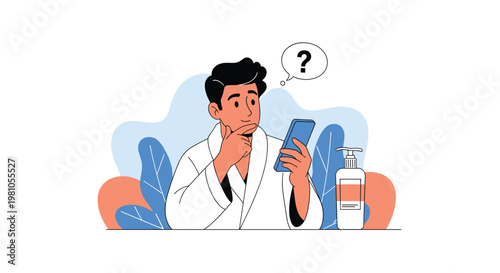 Man in a white bathrobe looking at his smartphone with a confused expression and a question mark icon above his head.
