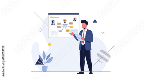 Business Man Presenting Strategy Plan on Digital Board with Flowchart and Team Photos