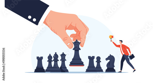 Large hand carefully moving a black queen chess piece on a board while a man in a red jacket observes the game nearby.