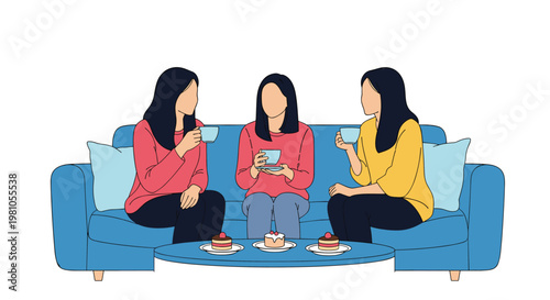 Three female friends sitting on a blue sofa and enjoying a conversation over tea and delicious cakes on a table.