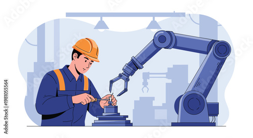 Skilled factory worker in a hard hat and blue uniform working alongside a large industrial robot arm on an assembly line.