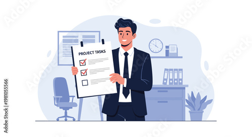 Professional businessman in a suit holding a clipboard with project tasks checklist and standing in a modern office.