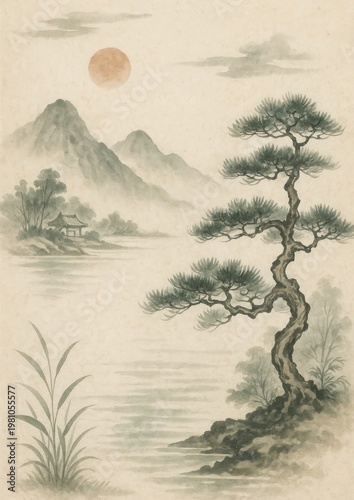 Serene landscape with traditional elegance.