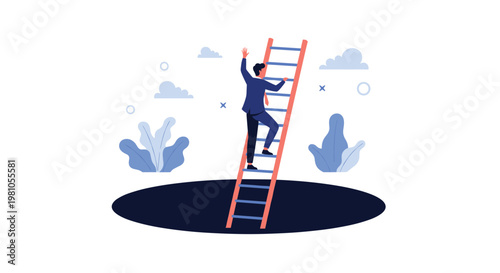 Determined businessman climbing a long wooden ladder to get out of a dark hole in the ground toward a bright sky.