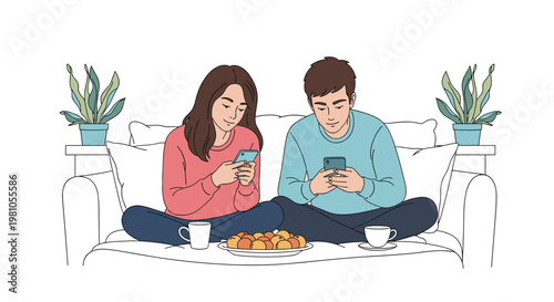 Young couple sitting on a white sofa and both focused on their individual smartphones with snacks and coffee nearby.
