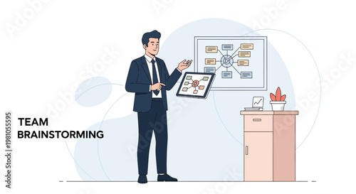 Business Man Presenting Team Brainstorming Strategy on Tablet and Whiteboard