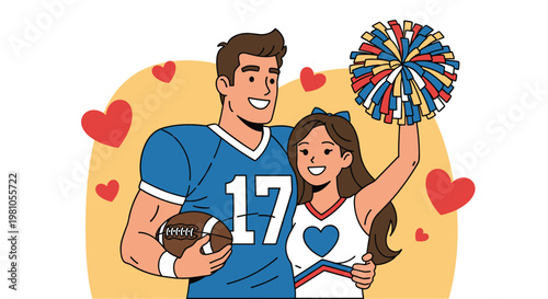 Strong American football player holding a ball and standing with a cheerleader holding pom-poms in a romantic setting.