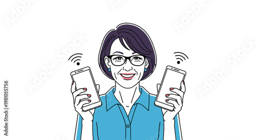 Smiling middle aged woman wearing glasses and holding two smartphones with wireless symbols representing connection.