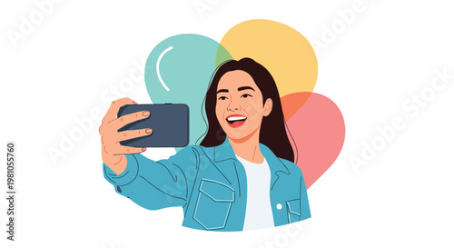 Smiling young woman taking a selfie with her smartphone against a background of colorful balloons for a celebration.