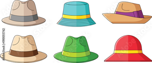 Set of Six Stylish Vector Hat Illustrations Featuring Classic Fedora Styles Summer Bucket Hat and Elegant Sun Hats for Modern Fashion and Lifestyle Graphic Design