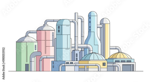 Industrial factory with colorful smokestacks.