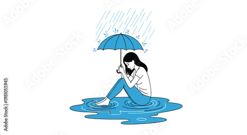 Sad woman sitting alone in a large blue puddle under an umbrella while it rains to represent loneliness and grief.