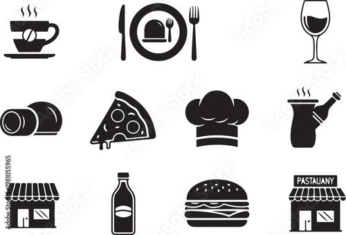 Black and white restaurant food symbols