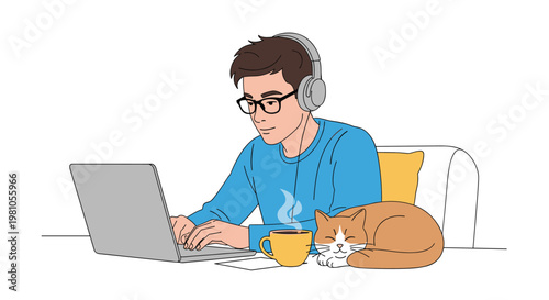 Young man wearing headphones and glasses working on his laptop while his ginger cat sleeps peacefully on the desk.