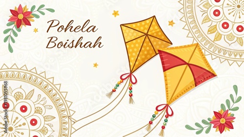 Pohela Boishakh illustration with colorful kites and decorative floral patterns.
