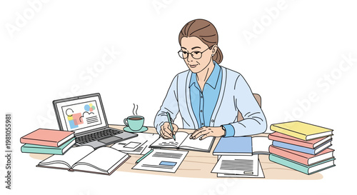 Woman sitting at desk with laptop.