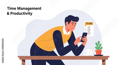 Man checking to-do list on smartphone for time management and productivity