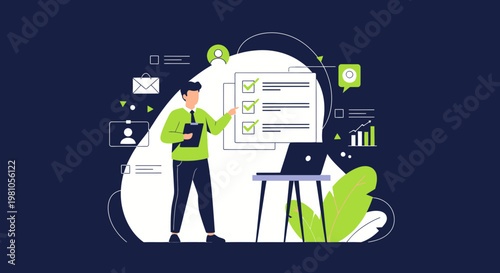 Man checking tasks on checklist, business planning, strategy, success, modern flat illustration