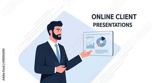 Man giving online client presentation with charts and graphs on screen