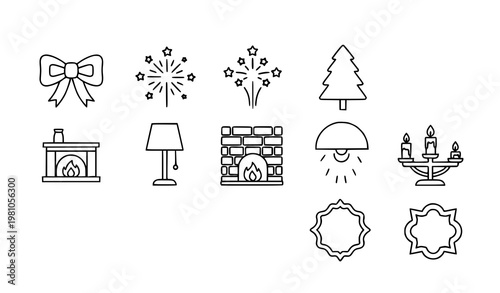 Decor outline icons in diagonal layout with fireplace lighting and home accessories modern vector set for apps