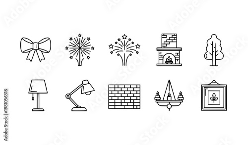 Minimal decor outline icons set with fireplace lamp and home decoration elements horizontal layout vector collection