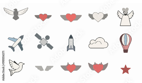 Minimal flying icons set with eagle angel wings heart and air space symbols scattered layout vector collection