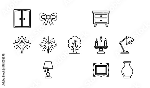 Decor outline icons in circular layout with furniture lighting and home accessories modern vector set for apps and ui design
