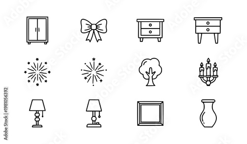 Decor outline icons set with furniture lighting and decorative elements minimal line vector collection for web and mobile