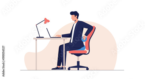 Man in Suit Working on Laptop with Lumbar Support Cushion for Good Posture