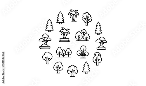Tree outline icons in circular layout with forest park and garden trees modern vector set for apps and eco design