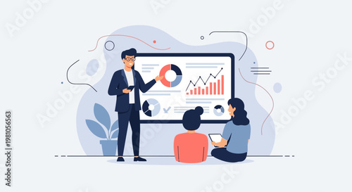 Business presentation with charts and graphs, team meeting, data analysis, strategy meeting
